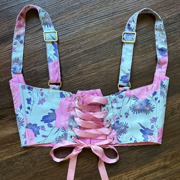 Dolls Kill SUGAR THRILLZ S Underbust Corset Lace Up Pink Floral Bustier Small - Picture 2 of 10